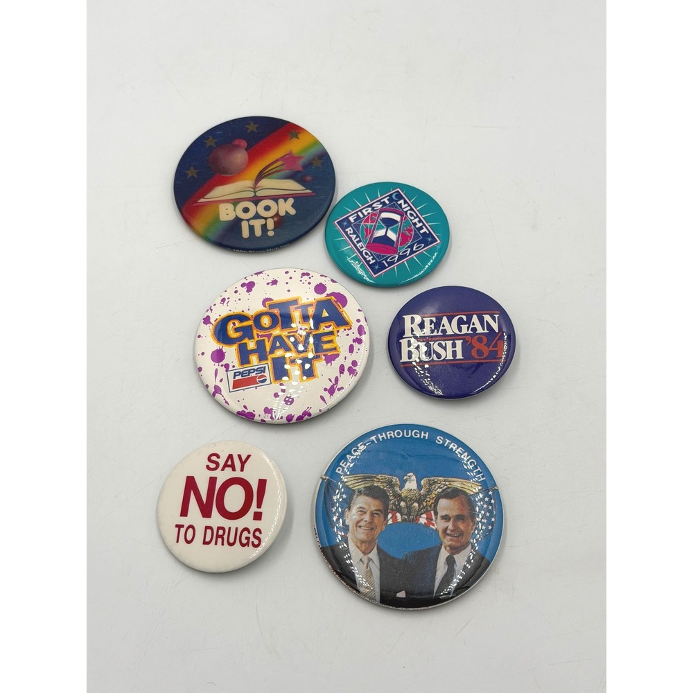 Vintage Pinback Button Lot Reagan Bush 84 Pepsi Book It Say No Drugs 6pc